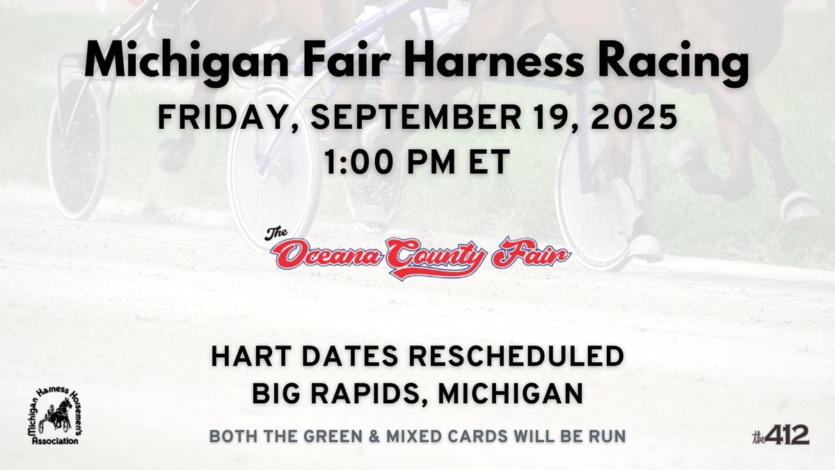 412comms's tweet image. We are live with 16 races from Big Rapids to close out the 2025 fair circuit!

(no program pages will be posted today because these are rescheduled from mid-August &amp;amp; most of the horses have started since)

Join us live or on replay at the412.info/091925HartAtBi…