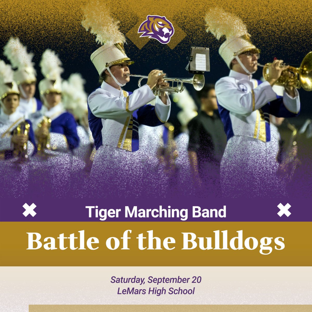 Get ready to rumble! 🥁🎺 The Tiger Marching Band is facing off in the Battle of the Bulldogs this Saturday, September 20, at Le Mars High School!

Catch their amazing performance at 7:45 PM!

#TigerMarchingBand #BattleOfTheBulldogs #MarchingBandCompetition