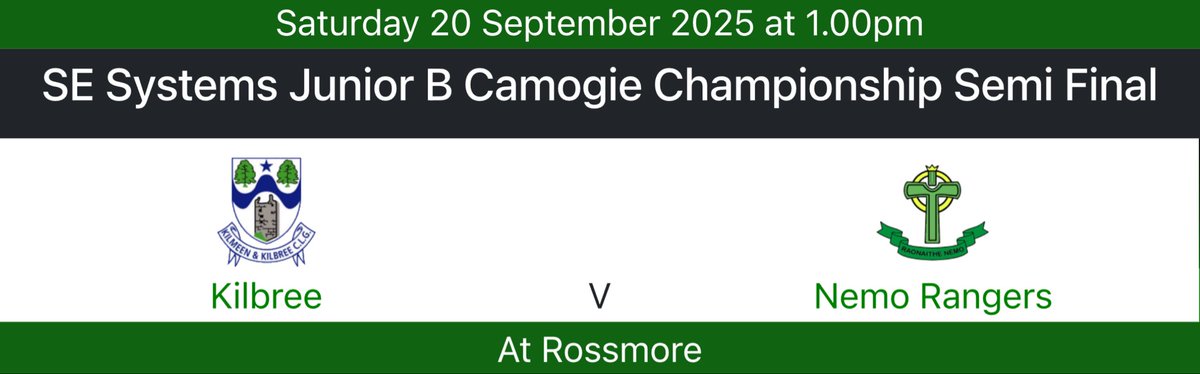 NemoRangersGAA's tweet photo. ๐ฅ Semi-Final! ๐ฅ
Nemo Rangers ๐๐ค vs Kilbree ๐๐ค
๐
Tomorrow | ๐ 1pm | ๐ Rossmore
Itโs the SE Systems Junior B Camogie Championship Semi-Final โ letโs roar on our girls in green & black! ๐ช๐๐๐ค
#NemoRangers #Camogie #SupportTheGirls
https://t.co/5iWUSpbikg https://t.co/heaHnsX2nH