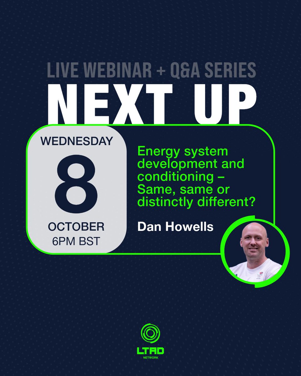 Next up — Live Webinar+Q&amp;A 🔜

🗣️ <a href="/HowellsDan/">Dan Howells</a>: ‘Energy system development and conditioning — same, same or distinctly different?’
📅 Wednesday 8th October
⏰ 6:00 pm BST

Sign up and read more on the link below!

🔗 ltadnetwork.com/course/live-mo…

#LTADNetwork #LTAD