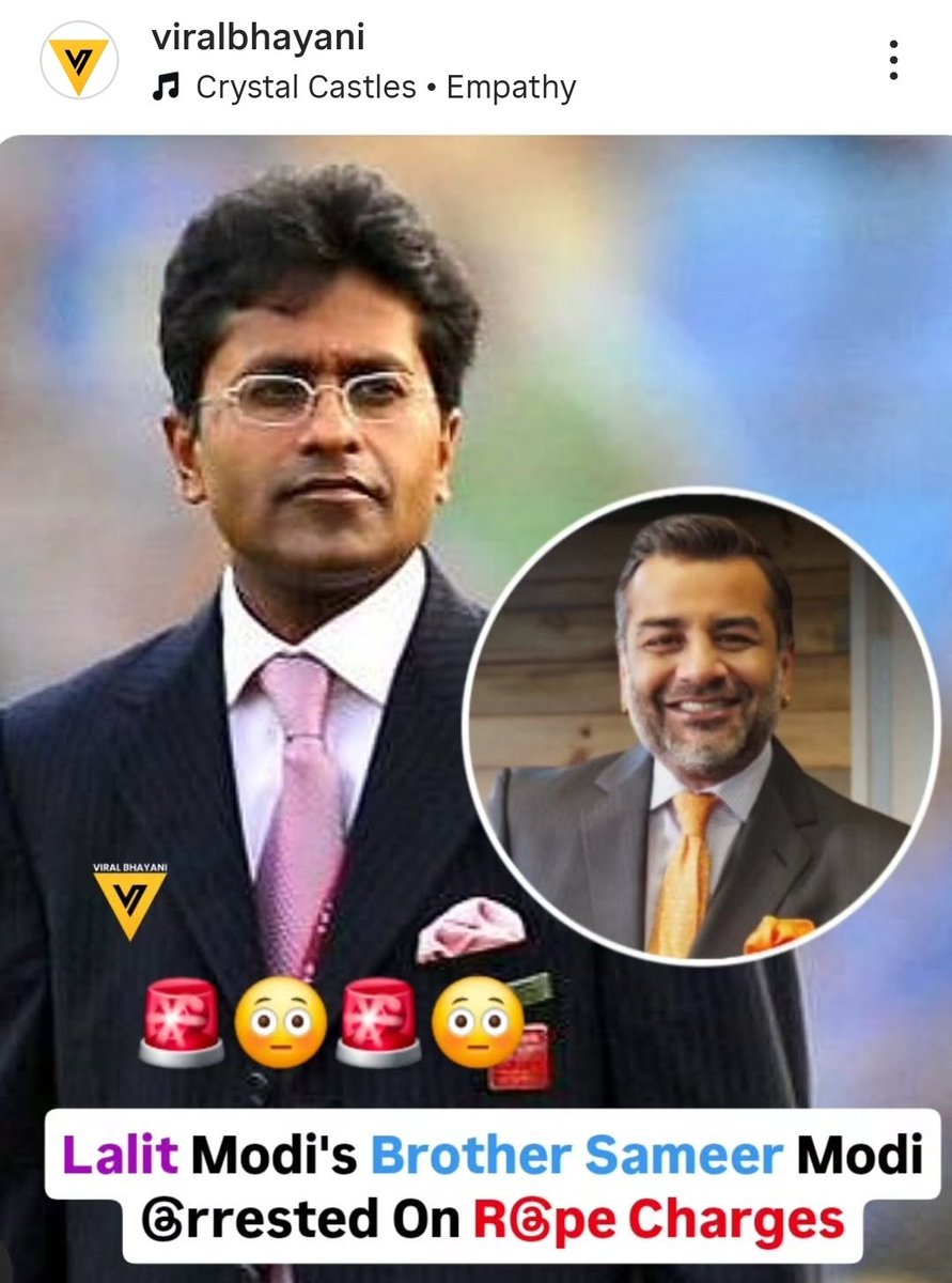 DeepikaBhardwaj's tweet image. Lalit Modi&apos;s brother arrested on charges of rape by live-in partner

He is married but she was taking promise of marriage from him since years apparently 😄 

His team says they filed extortion case against her in August as she was demanding 50 CRORES 😎

SABKA NUMBER AAYEGA 🤠