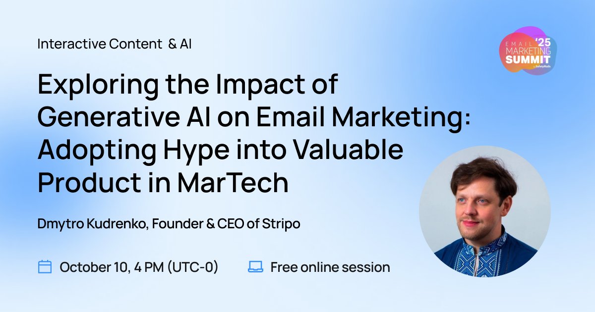 Generative AI is transforming email marketing with hyper-personalization &amp; innovation 🚀

Join Dmytro Kudrenko, CEO of Stripo, on Oct 10 (4 PM UTC-0) at the free Global Email Marketing Summit.

👉 globalemailmarketingsummit.com

#emailmarketing #ai #generativeai #globalemailsummit