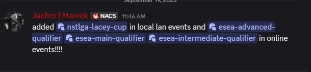 NACSLANcord's tweet photo. 🚨NEW EVENTS ALERT🚨 We have added 4 new events 1 in the local Lan category for a west coast event hosted by @NSTLGA_GG and 3 Qualifiers for ESEA league Season 55 held online by @ESEA @FACEITcs. If you need a team or players for the event join up!!!!!
#SaveNACS https://t.co/yhkVmiXW3z