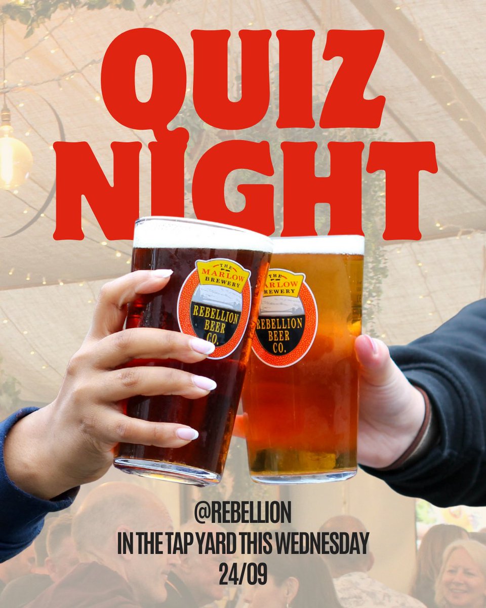 🧠 The first Rebellion Quiz Night kicks off next week! 

Wednesday 24 Sept, then it’s on every 4th Wednesday of the month!!!
Starts at 7:30pm,

👉 £2 per head (max 6 per team)
👉 All money goes to charity (charity TBC)
👉 Prizes on the night
👉 No booking needed