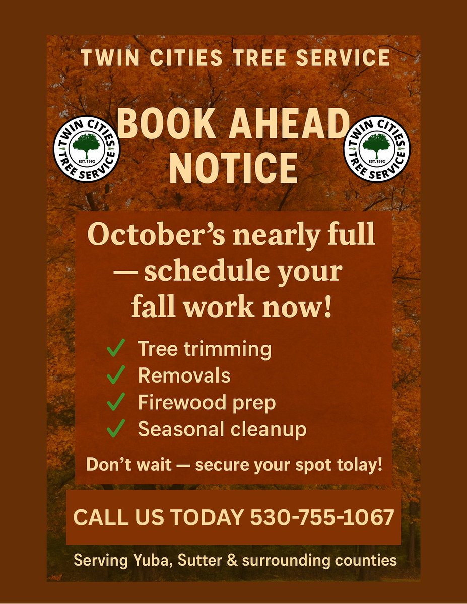 TwinCities_Tree's tweet image. 🍂 October’s almost booked!
Schedule your fall tree work now:
✅ Trimming
✅ Removals
✅ Firewood prep
✅ Cleanup

📞 530-682-6409
#TreeService #FallCleanup #TwinCitiesTreeService