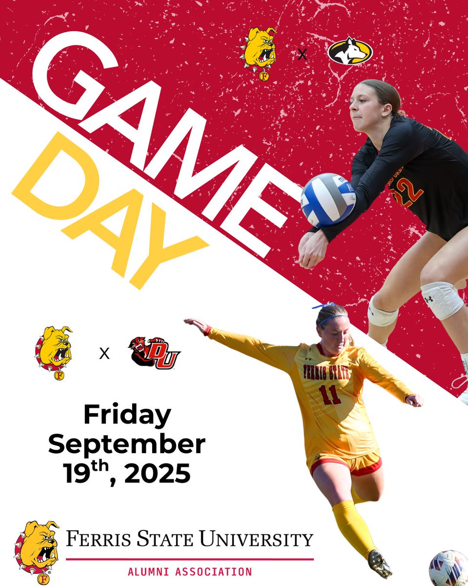 The Lady Bulldogs are back in action! 
Women’s Soccer takes on Davenport at 1:00 PM, followed by Women’s Volleyball against Michigan Tech at 5:00 PM. 
Go Dawgs! 🐶

#FERR1S #FerrisForward #BeABulldog