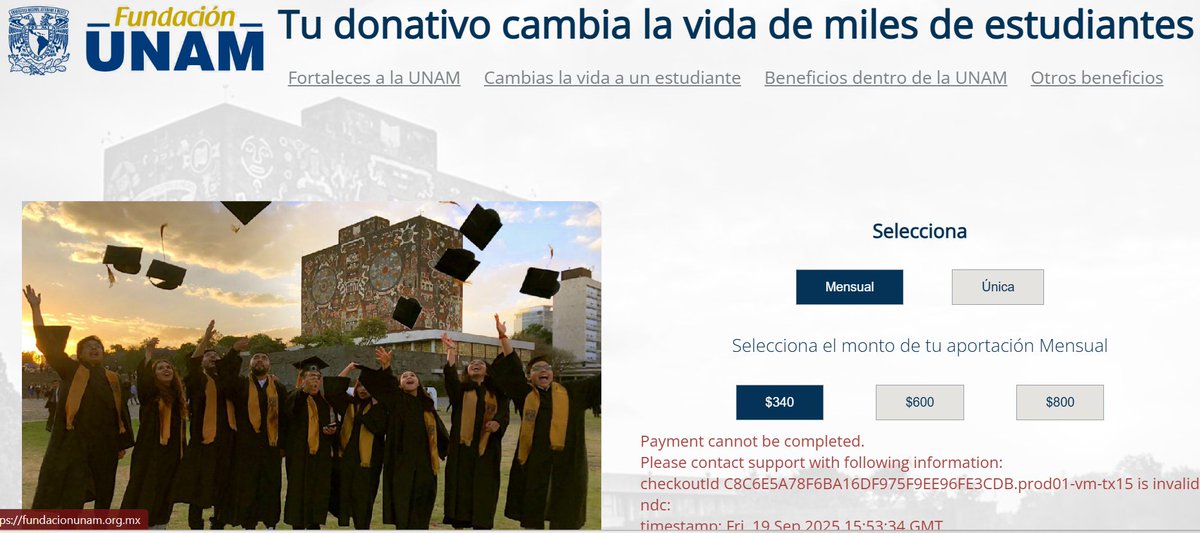 Hola <a href="/Fundacion_UNAM/">FUNDACIÓN UNAM</a>, revisen por favor esto, ya qu eno se pueden hacer donaciones: