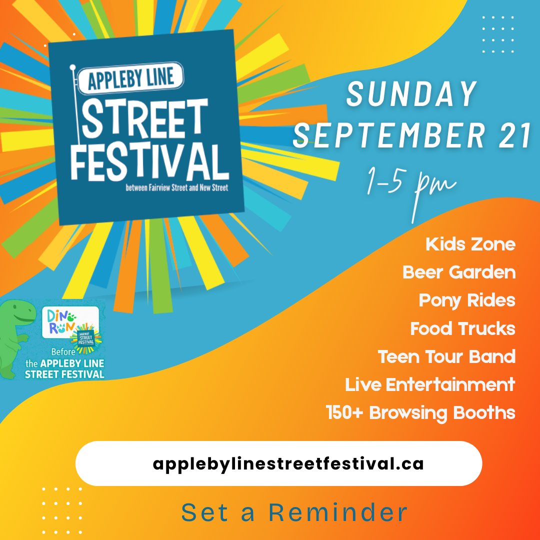 🎉 Appleby Line Street Festival is THIS Sunday! 🎉
Join us Sept 21 from 1–5 pm for family fun:
🐴 Pony rides
🍻 Beer garden
🛍️ Vendors
🎶 Live entertainment
🍔 Delicious food &amp; more!
Bring your family, friends, and neighbours — see you on Appleby Line! ❤️
#ALSF #BurlON