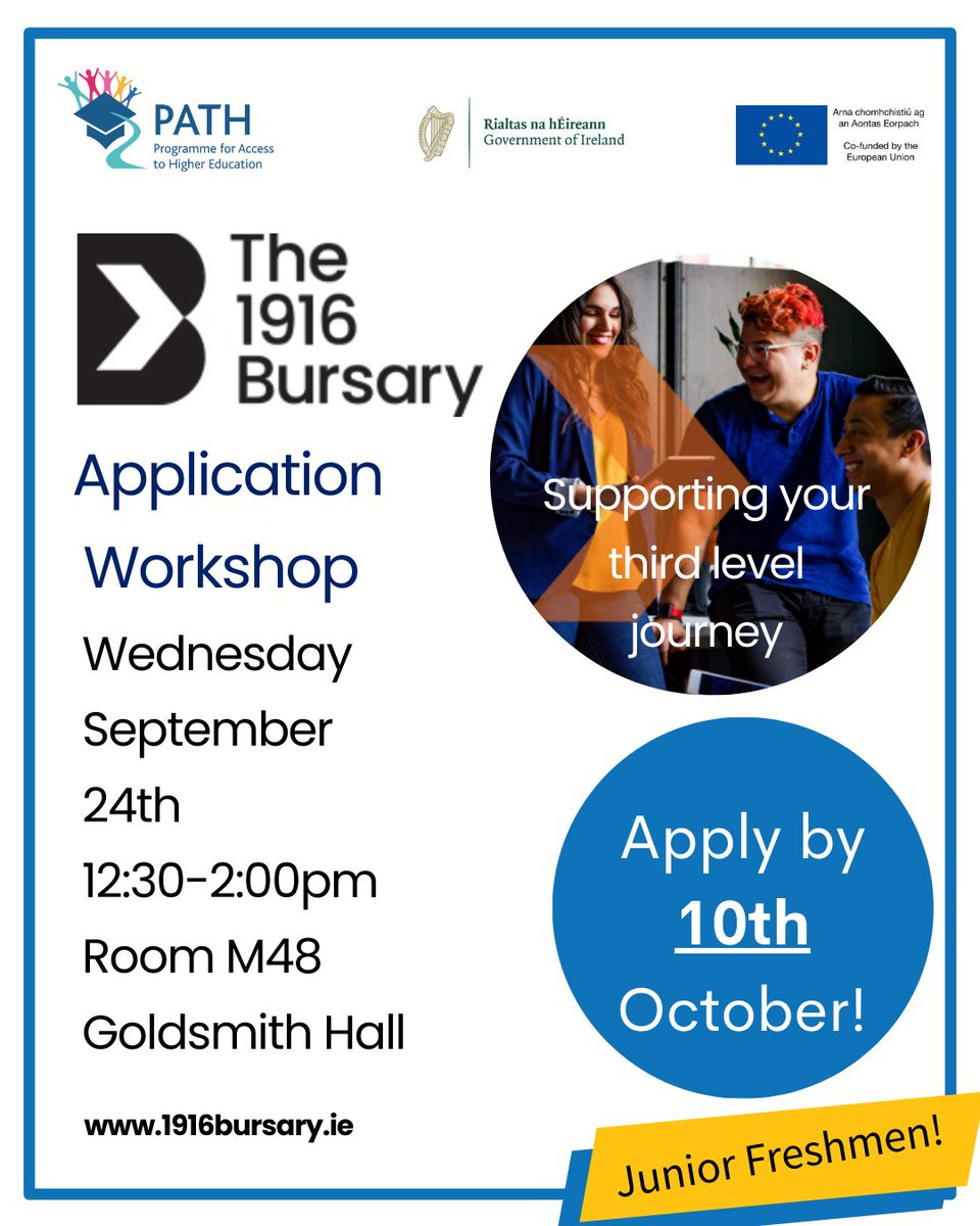 AccessTCD's tweet image. We will be hosting an application workshop for the #1916bursary with Trinity Disability Services next week. Supporting first year students from under-represented groups at higher education. 

Workshop: Sept 24th 
Application Deadline: Oct 10th 

More Info: 1916bursary.ie