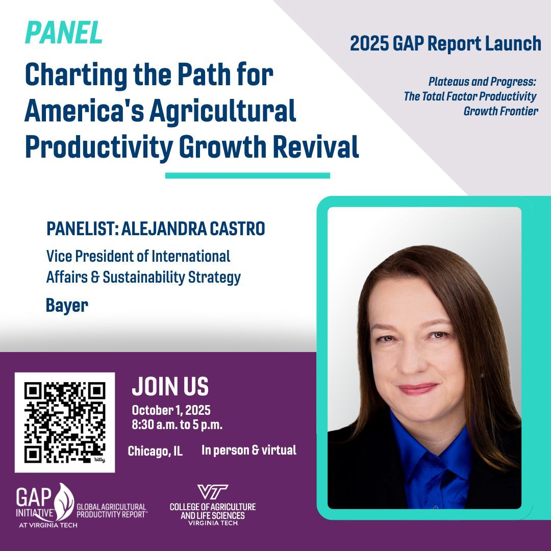 Join us in person/virtually for the 2025 GAP Report Launch. 

Alejandra Castro, VP International Affairs &amp; Sustainability Strategy, <a href="/Bayer/">Bayer AG</a> joins "Charting the Path for America's Agricultural Productivity Growth Revival." 

Chicago Oct. 1. MORE globalagriculturalproductivity.org/2025-gap-repor…
#agriculture