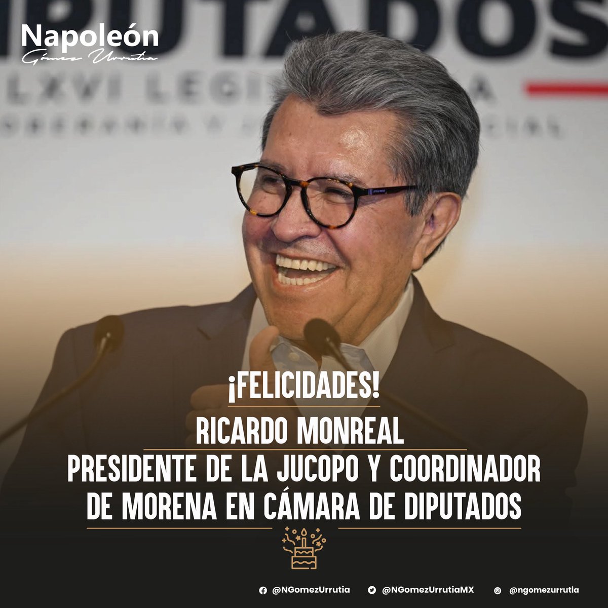 🎉 ¡Feliz cumpleaños, <a href="/RicardoMonrealA/">Ricardo Monreal A.</a>, Presidente de la Jucopo y Coordinador de Morena en <a href="/Mx_Diputados/">H. Cámara de Diputados</a>!

Que este año sea de celebración, salud, entrega y compromiso con el bienestar y desarrollo del pueblo mexicano. 🇲🇽

Recibe un abrazo fraterno.