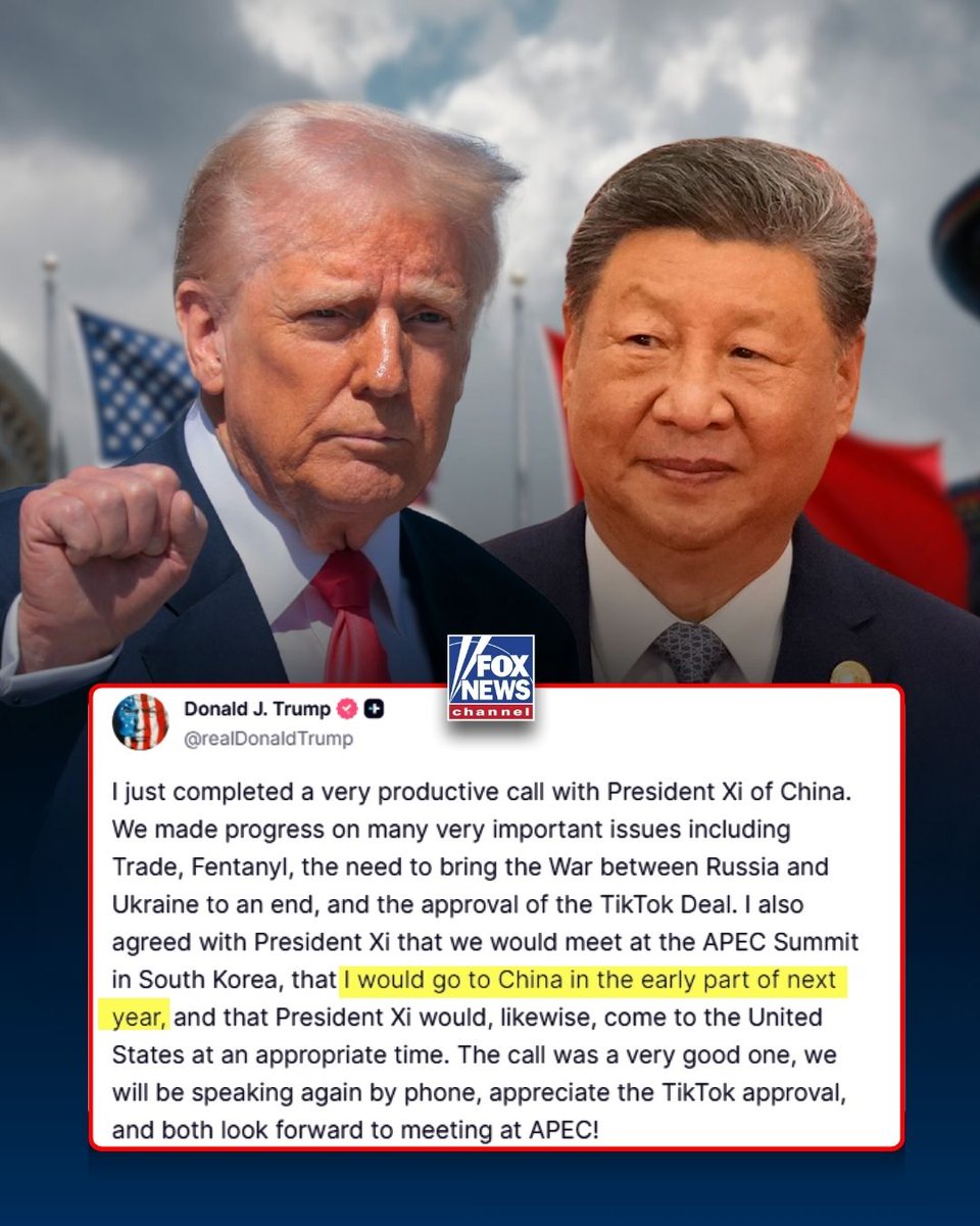 Fox News (@foxnews) on Twitter photo 🚨NEW: President Trump says he just finished a “very productive” call with Chinese President Xi Jinping — and announces plans to travel to China to meet with Xi early next year. 🚨NEW: President Trump says he just finished a “very productive” call with Chinese President Xi Jinping — and announces plans to travel to China to meet with Xi early next year.