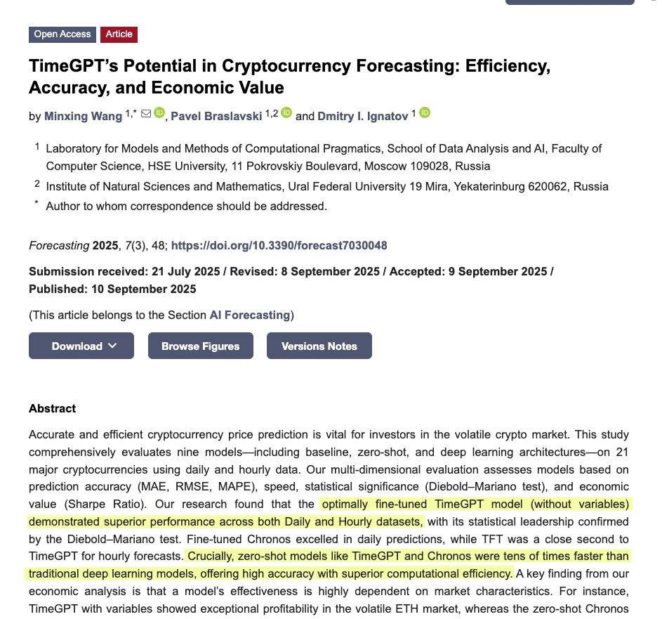 nixtlainc's tweet image. A new benchmark tests 9 models across 21 crypto assets on daily and hourly data. Two standout results:

🔹 Accuracy: Fine-tuned TimeGPT (no variables) leads on average across daily and hourly
🔹 Speed: Zero-shot TimeGPT is 10 times faster than deep nets, enabling rapid iteration…