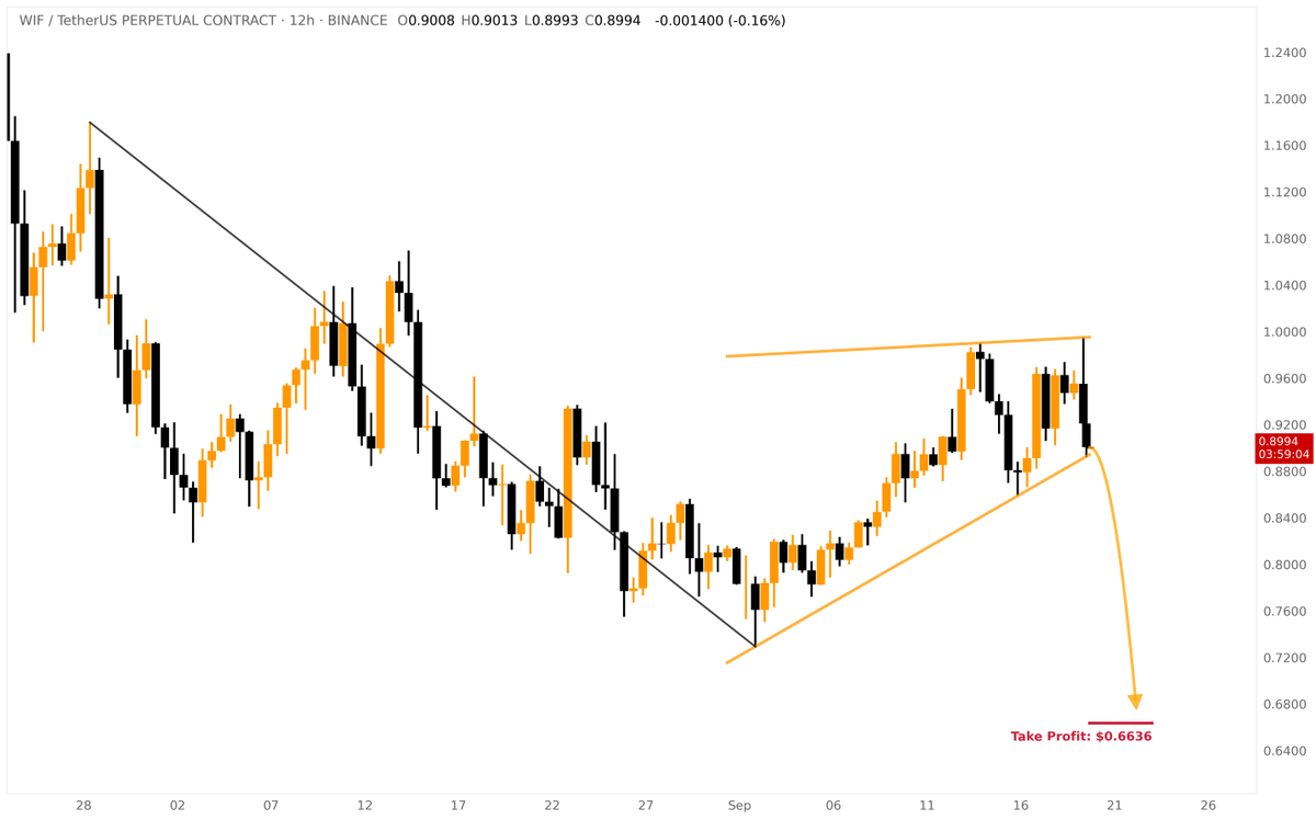 KlondikeAI's tweet photo. ❕Rising Wedge was formed on $WIF 

$WIF is exhibiting a bearish flag pattern on the 12H timeframe, indicating STRONG bearish sentiment. Enter short at $0.9007, set a stop-loss at $0.9950, and target $0.6636 for a MASSIVE potential gain. https://t.co/YUCdFUt4kJ