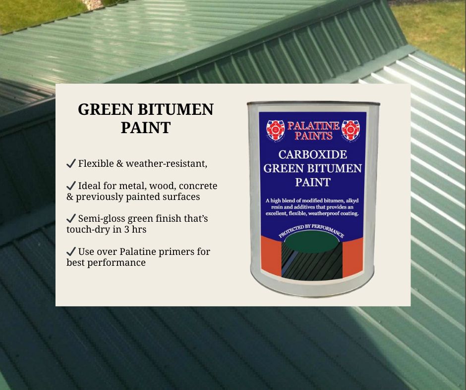 Tired of plain black? Give your surfaces character and protection with Carboxide Green Bitumen Paint :
✔ Flexible &amp; weatherproof
✔ Semi-gloss finish
🌿 Great for sheds, roofs, fences, metalwork &amp; more 

palatinepaints.co.uk/product/carbox… 
#PalatinePaints #GreenBitumen #OutdoorProtection