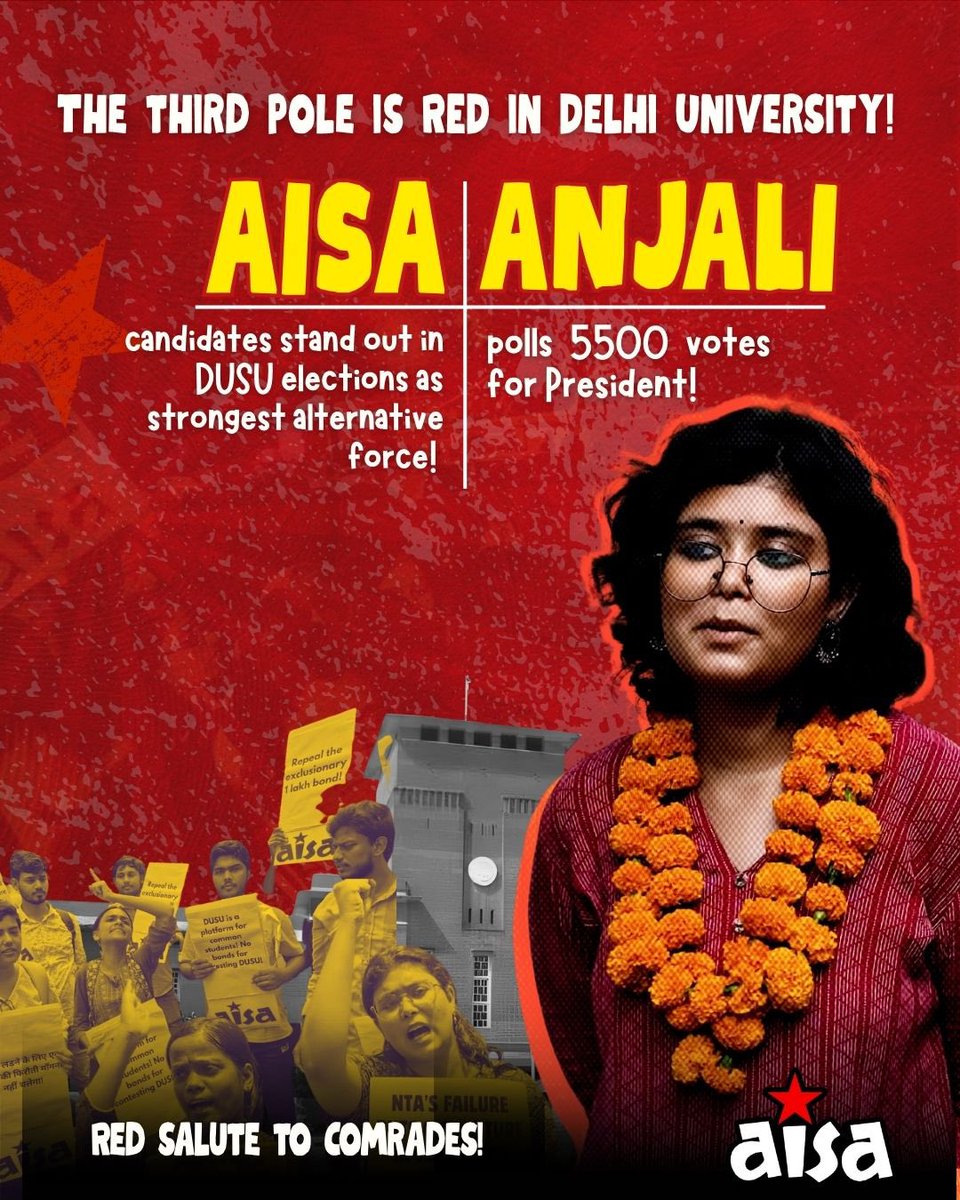 SathiDhananjay's tweet image. लड़ने वाले साथियों आपको लाल सलाम!

दिल्ली विश्वविद्यालय छात्रसंघ चुनाव जहाँ एक तरफ़ पैसों से गाड़ियों से सांसदों से गायकों और बॉलीवुड के अभिनेताओं से प्रचार किया गया वहीं दूसरी तरफ़ आम छात्र के असली प्रतिनिधि के तौर पर आइसा एसएफआई का पैनल पैदल चल कर हर कॉलेज में पहुंचा, हक़ की…