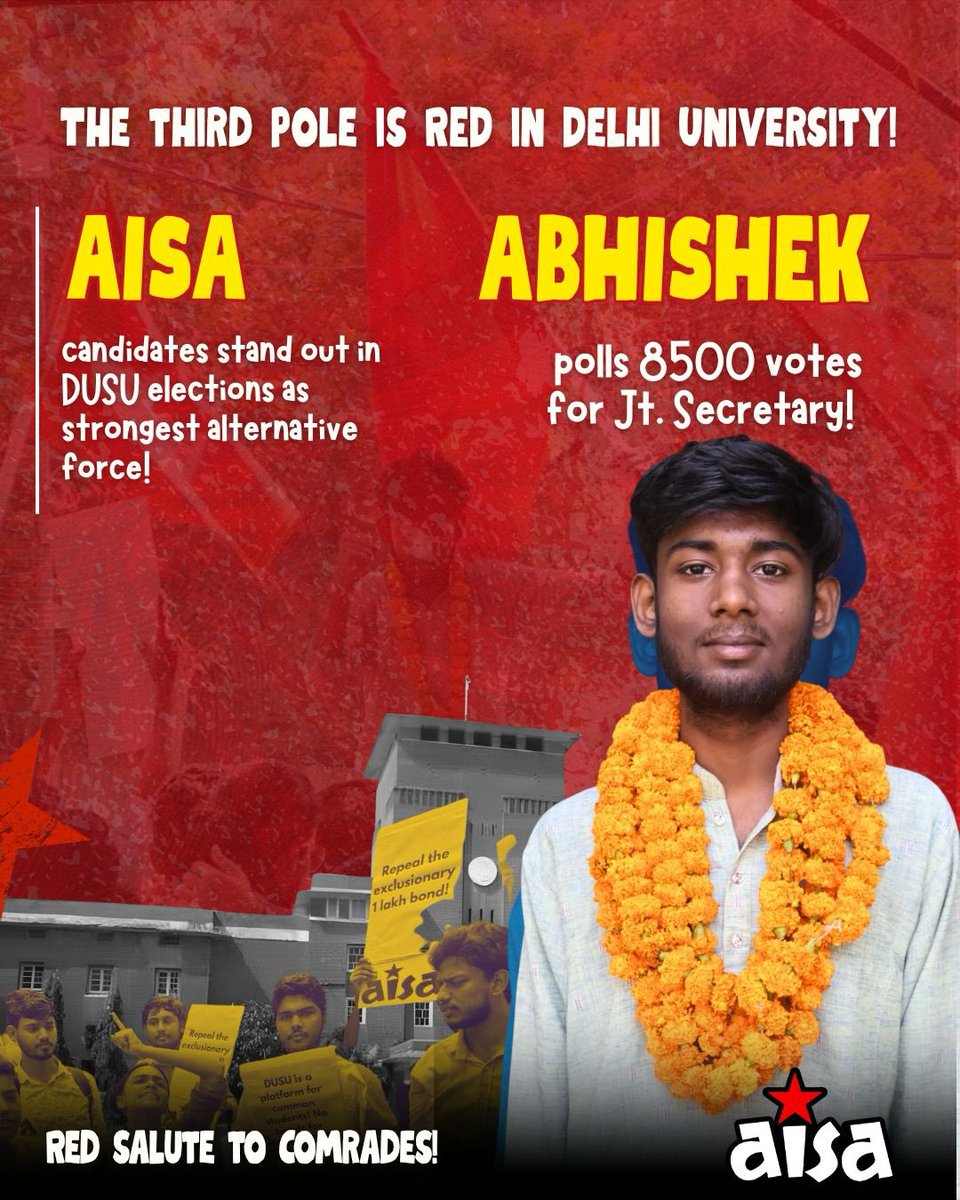 SathiDhananjay's tweet image. लड़ने वाले साथियों आपको लाल सलाम!

दिल्ली विश्वविद्यालय छात्रसंघ चुनाव जहाँ एक तरफ़ पैसों से गाड़ियों से सांसदों से गायकों और बॉलीवुड के अभिनेताओं से प्रचार किया गया वहीं दूसरी तरफ़ आम छात्र के असली प्रतिनिधि के तौर पर आइसा एसएफआई का पैनल पैदल चल कर हर कॉलेज में पहुंचा, हक़ की…