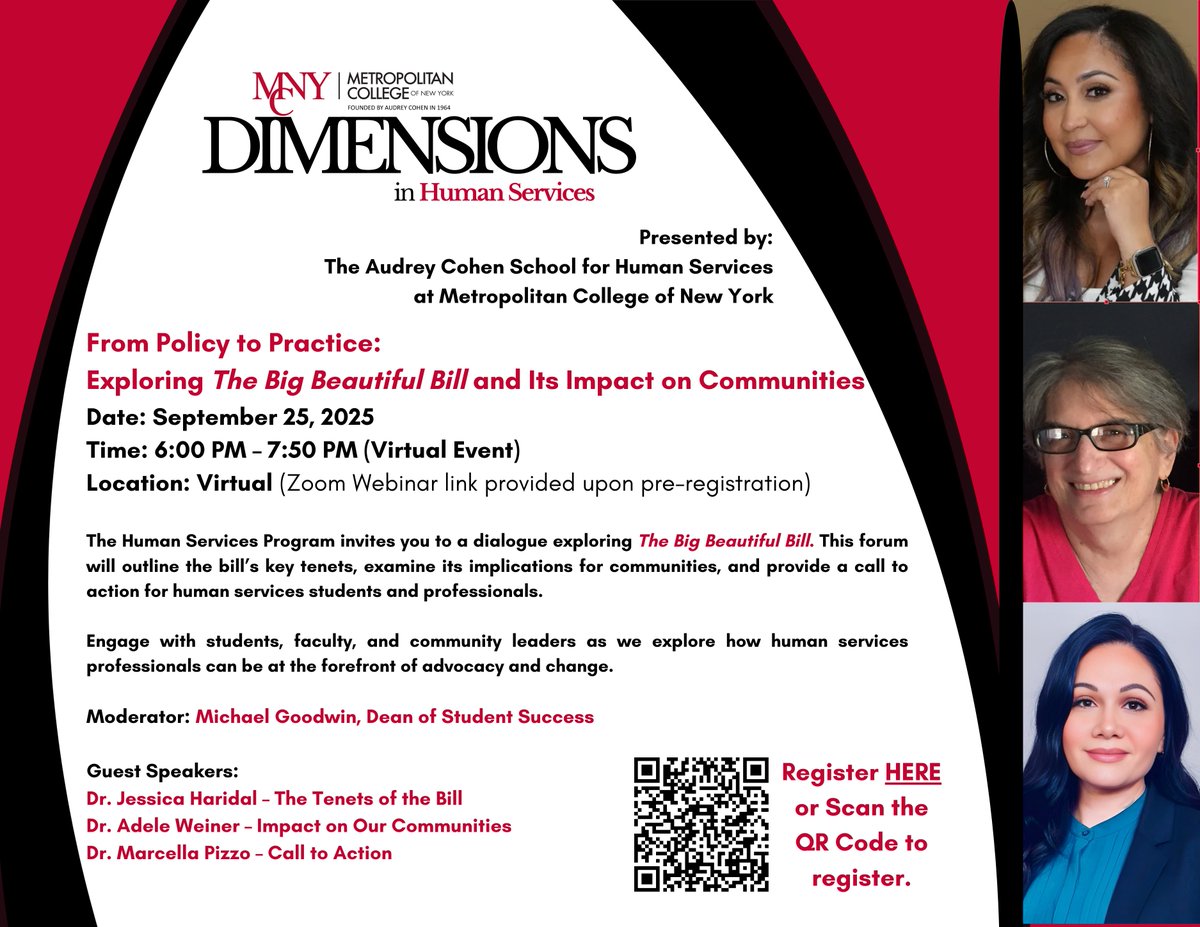 Join the Audrey Cohen School for Human Services @MCNY for Dimensions in Human Services: From Policy to Practice – Exploring The Big Beautiful Bill. Sept 25, 6–7:50 PM. Pre-register for Zoom link! mcny.zoom.us/webinar/regist…
#MCNY #HumanServices #PolicyToPractice #TogetherWeRise