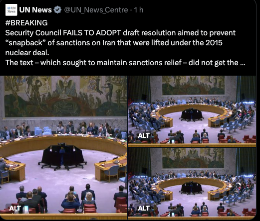 1/3 V českých médiích se o tom příliš nepíše, ale po dnešním hlasování v RB OSN je na obzoru je další eskalace krize spojené s íránským jaderným programem. Pokud se Írán začátkem příštího týdne nedohodne s USA/EU na odkladu, spustí se za necelý týden (27. 9.) tzv. "snapback",