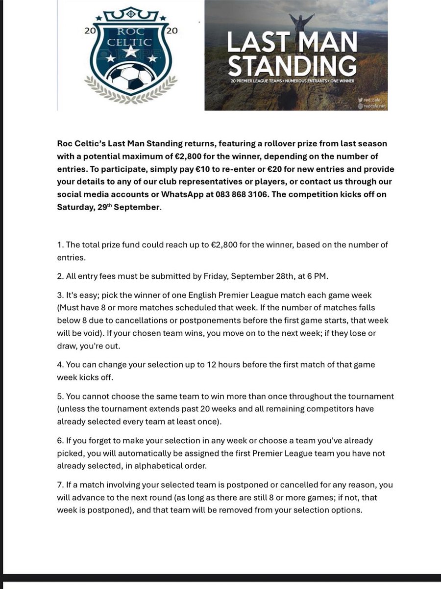 ROC CELTIC (@rocceltic) on Twitter photo Roc Celtic last man standing is back, after a rollover from last season we hope to get the jackpot up to €2,800 for this round. If anyone wants to participate just message any of our social pages or message 083 868 3106 on whats app. €10 to re-enter or €20 for new participants Roc Celtic last man standing is back, after a rollover from last season we hope to get the jackpot up to €2,800 for this round. If anyone wants to participate just message any of our social pages or message 083 868 3106 on whats app. €10 to re-enter or €20 for new participants