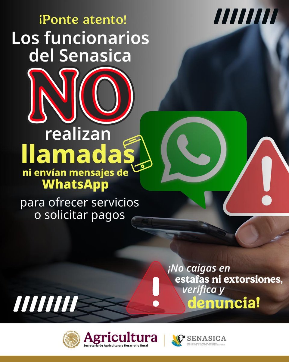 SENASICA's tweet photo. Evita estafas telefónicas, algunos usuarios han recibido llamadas y mensajes falsos de Senasica. No valides códigos ni compartas información. Los funcionarios de #Senasica no te pedirán dinero ni ofrecerán servicios por llamada. Si te contactan, ¡reporta!  #DenunciaYa https://t.co/xoJWu2Srt9