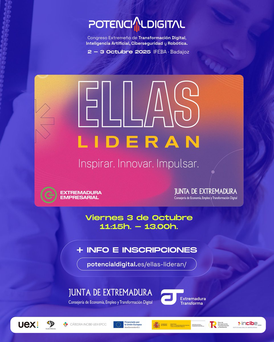 Potdigitalext's tweet image. ✨ Ellas Lideran en Potencial Digital 2025 ✨
Un espacio creado para inspirar, innovar e impulsar el talento femenino en la transformación digital.

El próximo viernes 3 de octubre, de 11:15h a 13:00h, reuniremos a mujeres líderes que están marcando el camino en tecnología,…