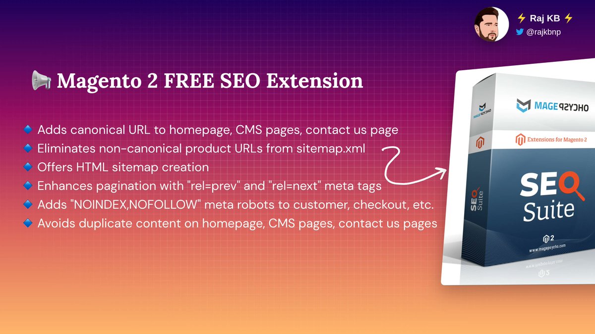 rajkbnp's tweet image. ✨ Attention all #Magento2 store owners/developers! ✨
🔹  Boost your online visibility with our new FREE #SEO extension.
🔹  Say goodbye to poor search rankings & hello to more organic traffic!
👉 Download now for FREE: f.mtr.cool/rcwsumeryf
