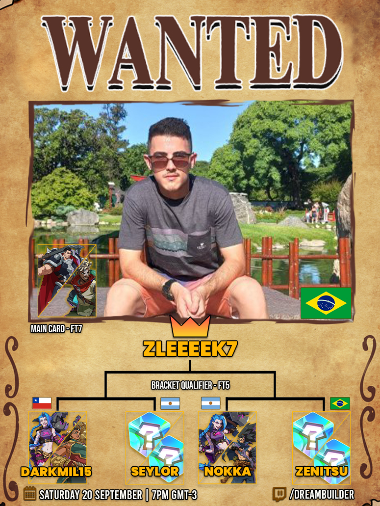 Este sábado habrá sobrecarga de fgs! <a href="/zLeeeek7/">2G zLeeeek7</a> defenderá su lugar en el WANTED luego del TOP 16 de SF6!

<a href="/DarkMil15_FGC/">DarkMil15 || FGC</a> <a href="/SeylorTwif/">Seylor</a> <a href="/lNokka_/">Nokka 🇦🇷</a> Zenitsu

Tendrán lo necesario para derrotar Brazil Strongest Player?

📅Sábado 20 - 7PM GMT-3
📺ttv/dreambuilder