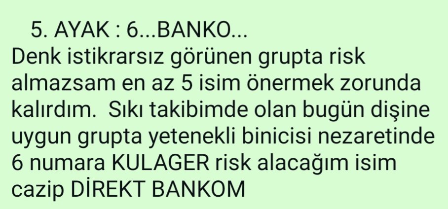 O Beş İsmin içinde 
MESUTCAN tabiki Olurdu da 
Ben 5 At Yazsaydım Eminim 
KULAGER Boyunla Kazanan 
Olurdu 🤔😏😅😉🫠🤫

Duygular Karmaşık 😑😑

Zor Koşuyu Kolaylaştırıp İlk Altılı İkinci Altılı Hayal Kurmak Varken 
İkinci Beşliye Mahkum Olmak..

Devam Edenlere Bol Şans 
Ya Nasip