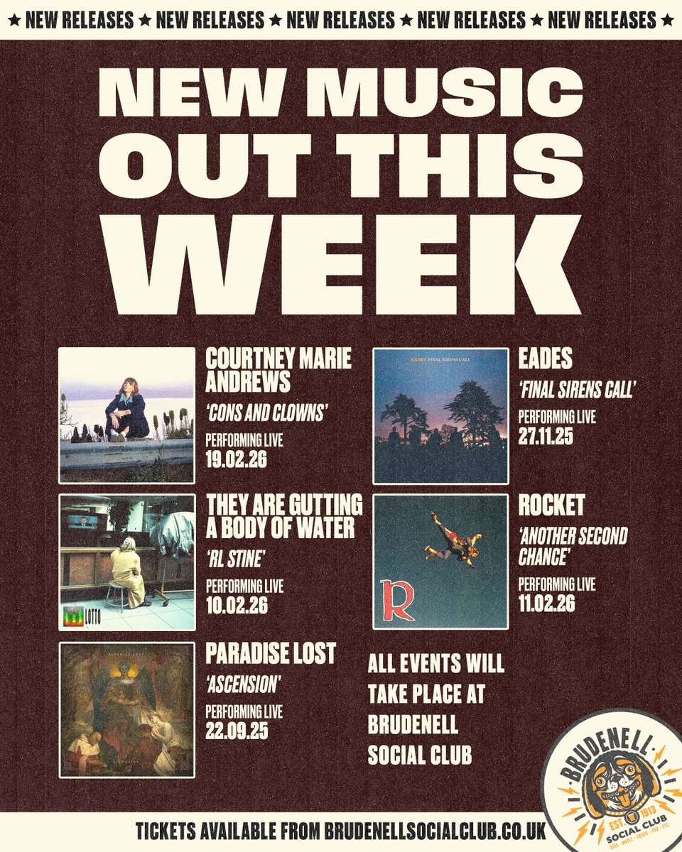 What a selection of new music we have for you this week! 💈

Ft. <a href="/courtneymamusic/">Courtney Marie Andrews</a> / <a href="/EadesMusic/">Eades</a> / <a href="/tagabowPHL/">theyareguttingabodyofwater</a> / <a href="/Rockettheband1/">rocket</a> / <a href="/OfficialPL/">Paradise Lost</a>

Listen wherever you listen, but watch them here at The Brudenell. 🫡

➡️ brudenellsocialclub.co.uk/whats-on