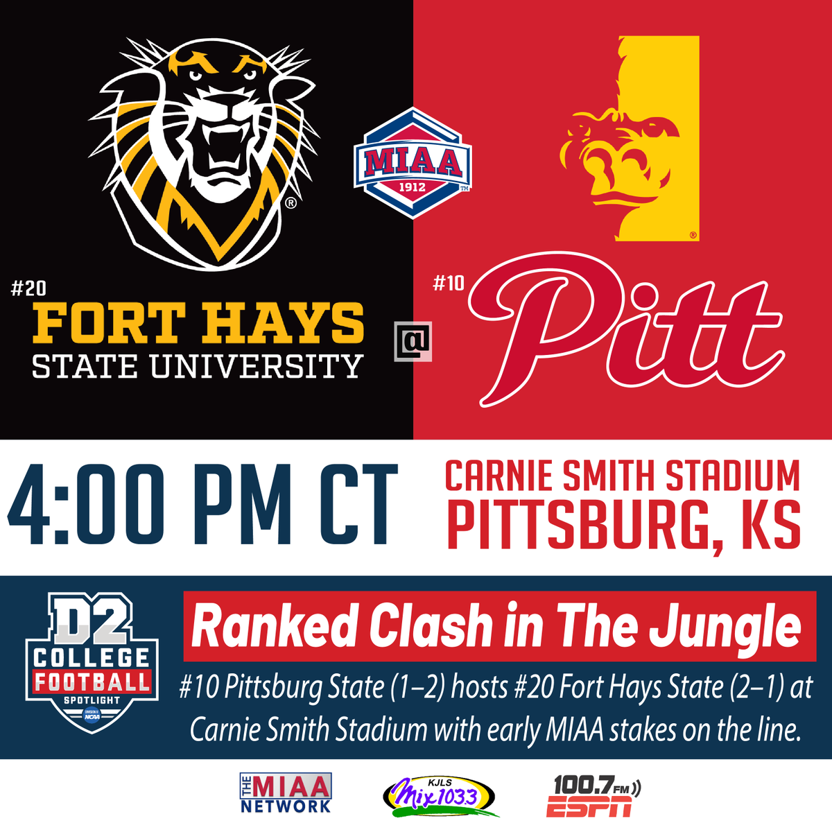 [20] <a href="/FHSUFootball/">FHSU Football</a> vs [10] <a href="/GorillasFB/">Pitt State Football</a> 

Carnie Smith hosts another ranked showdown Saturday at 4 p.m. as Pitt continues its tough stretch

The Gorillas (1–2) just beat [3] Grand Valley

Fort Hays (2–1) owns a road upset of [5] Pueblo

Should be some excitement in The Jungle

⬇️