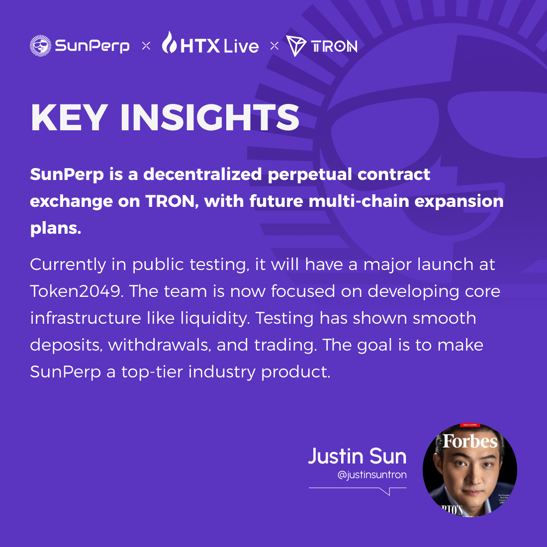 SunPerp (@sunperp_dex) on Twitter photo In tonight’s Space, SunPerp advisor <a href="/justinsuntron/">H.E. Justin Sun 👨🚀 (Astronaut Version)</a> shared his vision for the future of DEX platforms.
“User experience first, long-term growth as the guiding principle” — this is what will shape SunPerp in the future. #SunPerp In tonight’s Space, SunPerp advisor <a href="/justinsuntron/">H.E. Justin Sun 👨🚀 (Astronaut Version)</a> shared his vision for the future of DEX platforms.
“User experience first, long-term growth as the guiding principle” — this is what will shape SunPerp in the future. #SunPerp