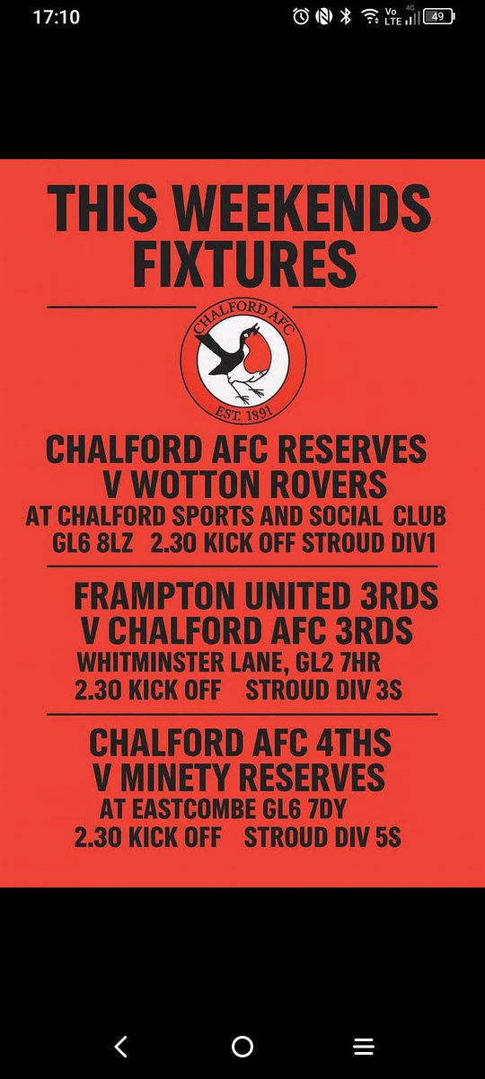 Weekend fixtures below
All support welcome 
Up the chalf 
<a href="/Stroud_League/">Stroud & District Football League</a>