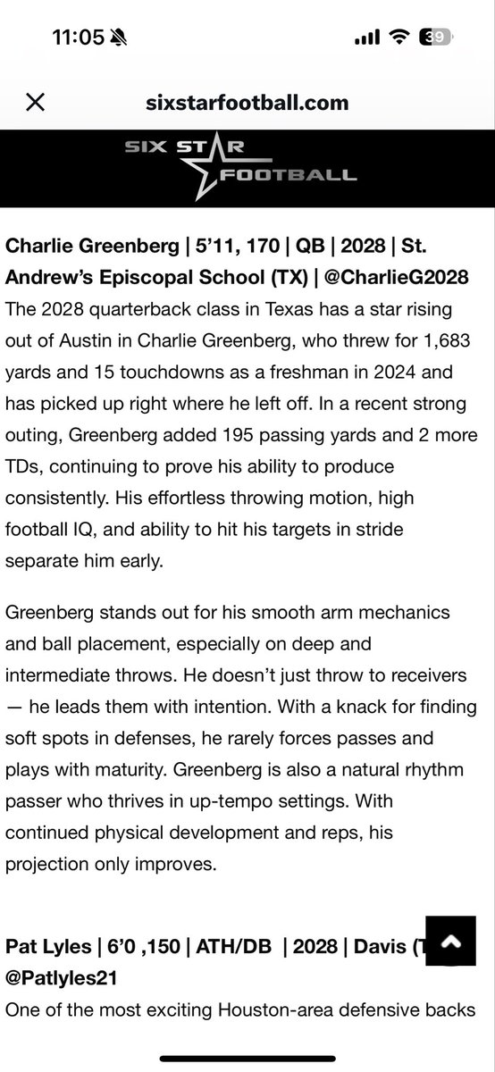 Thanks to six star for the recognition.  Excited to hit the field with my teammates tonight in a conference game.  <a href="/CoachRSpence/">Robert Spence</a> <a href="/CCUCoachDrew/">Drew Hollingshead</a> <a href="/Coach_Fenner6/">Jahmal Fenner Sr.</a> <a href="/sixstarfootball/">Six Star Football | PLUS+</a> <a href="/SidelinePreps/">Sideline Preps</a> <a href="/PrepRedzoneTX/">Prep Redzone Texas</a> <a href="/MaxPreps/">MaxPreps</a> <a href="/247Sports/">247Sports</a> <a href="/dctf/">Dave Campbell's — TexasFootball.com</a> <a href="/sashighlanderfb/">St. Andrew’s Football</a> <a href="/CoachCantrell22/">Edward Cantrell</a> <a href="/Elite11/">Elite11</a>