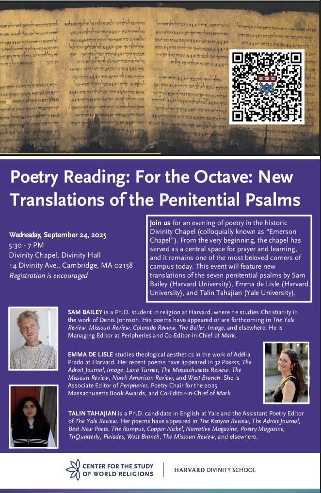 reading poems this wednesday at harvard div with sam and emma