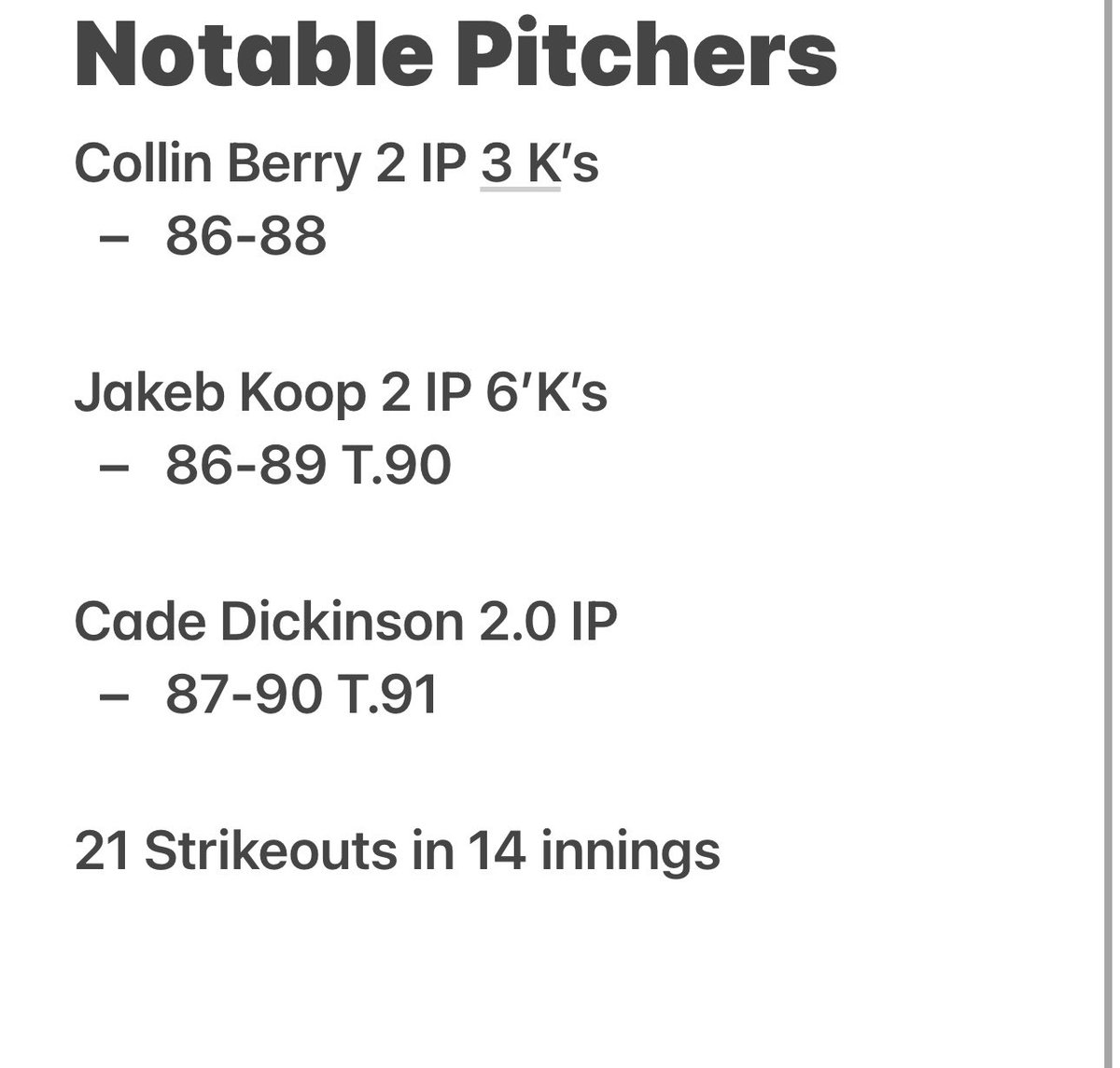 Notable Hitters / Pitchers from yesterday’s scrimmage. 

<a href="/aidanlemasters/">Aidan LeMasters</a> 
<a href="/jgallegos2_/">Jacob Gallegos</a> 
<a href="/GajewskiPreston/">Preston Gajewski</a> 
<a href="/bhernandez1405/">Braden Hernandez</a> 
<a href="/collintberry/">Collin Berry</a> 
<a href="/jakeb_koop/">Jakeb Koop</a> 
<a href="/cadedickinson8/">Cade Dickinson</a> 

Keep doing it. 

#TonkBoys🤘🏻