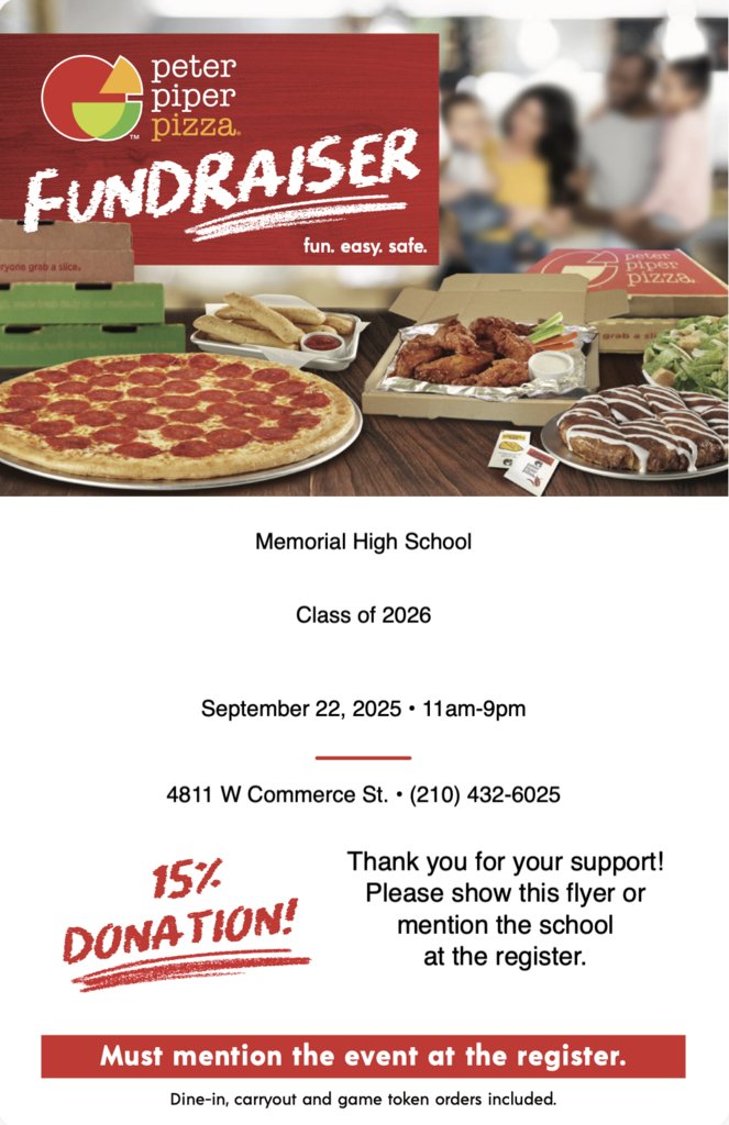Get pizza or get breadsticks -- and help the Class of 2026! Support the MHS Senior Class by eating at Peter Piper Pizza this Monday, Sept. 22.  Show this post or mention Memorial High School when you order.