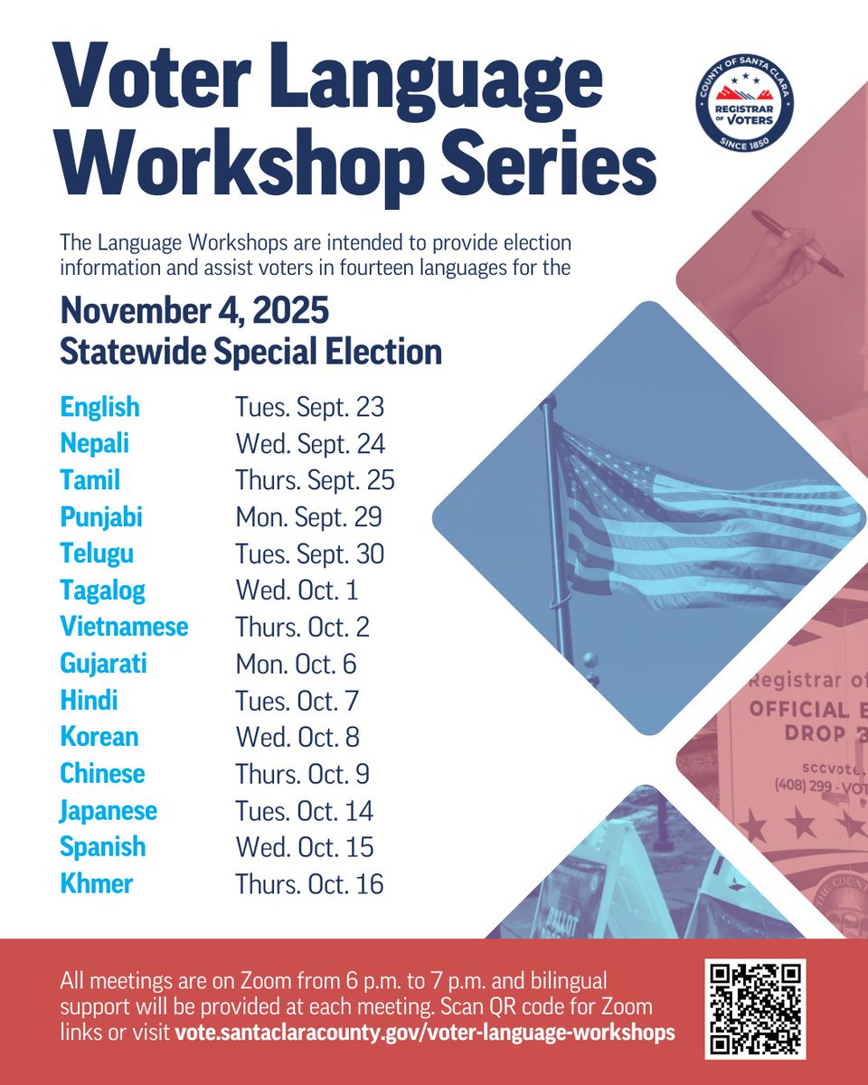 Come join the Registrar of Voters’ Office as we begin hosting workshops in a variety of languages to inform voters about the upcoming November 4, 2025 Statewide Special Election. 

Each meeting will be held in the designated language in the schedule, along with a bilingual staff