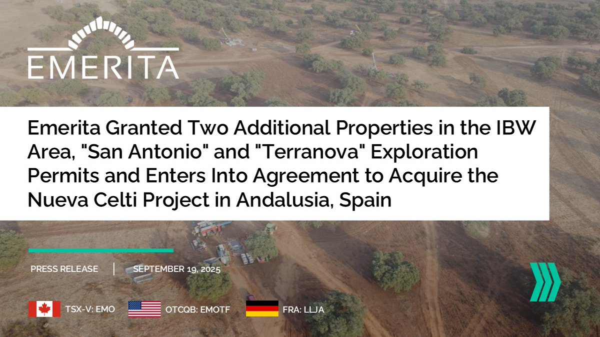 Emerita Granted Two Additional Properties in the IBW Area, "San Antonio" and "Terranova" Exploration Permits and Enters Into Agreement to Acquire the Nueva Celti Project in Andalusia,Spain

See below for the full news release👇
emeritaresources.com/news-and-media…

$EMO.V #spain #gold #silver
