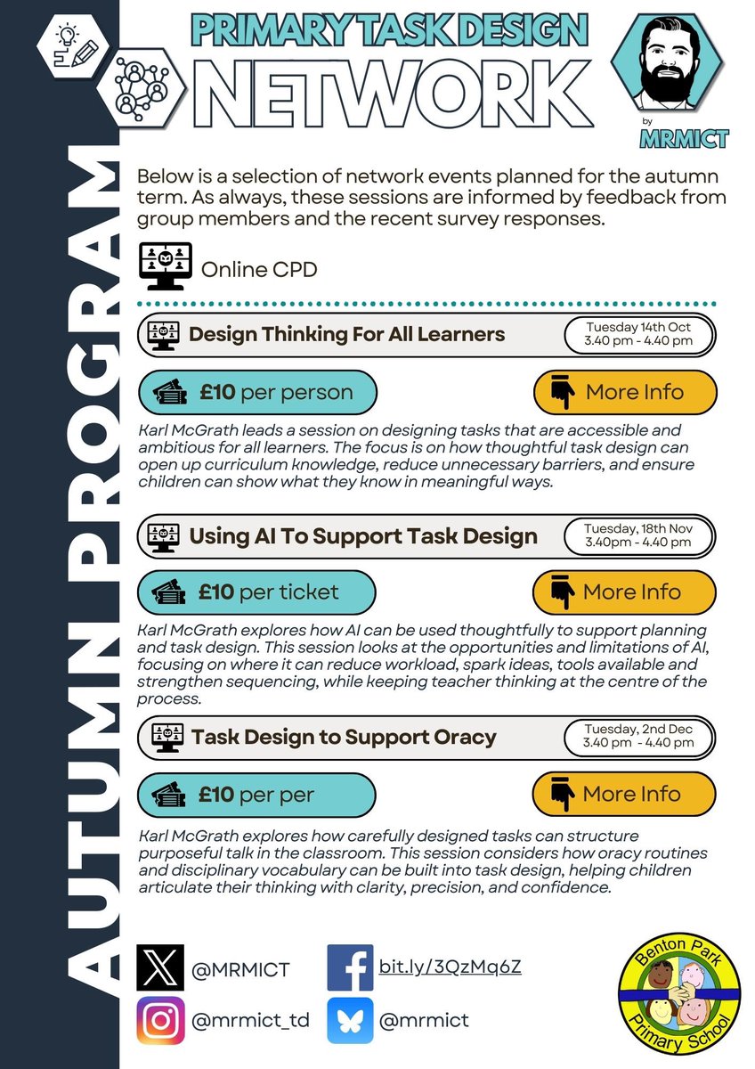 MRMICT's tweet image. 💷 Cost: £10 per person (group tickets also available).

All sessions are rooted in classroom practice &amp;amp; research.

If you’re keen to strengthen task design in your curriculum, join us this term.

#TaskDesign #PrimaryEd #Edutwitter #Education #Teachers