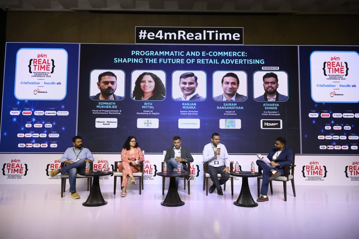 atharvashinde18's tweet image. Hosted a Panel Discussion at #e4mRealTime Programmatic Conference 2025 on &quot;Programmatic &amp;amp; E-commerce: Shaping Retail Advertising&apos;s Future.&quot;

Insights from experts:
- Somnath Mukherjee (Reliance Retail): Shift to data-driven buys, rising budgets.
- Ritu Mittal (Bayer): Tailored…