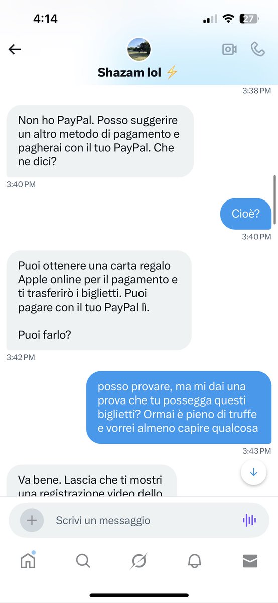 nir_vals's tweet image. ⚠️ TRUFFA ⚠️ questo vuole vendere i biglietti pit/gold dei System of a Down, chiede 50€ IN MENO al prezzo originale perché hai bisogno di soldi così dice, ma vuole pagamenti acquisita di tessere Apple (boh?) non ci cascate.