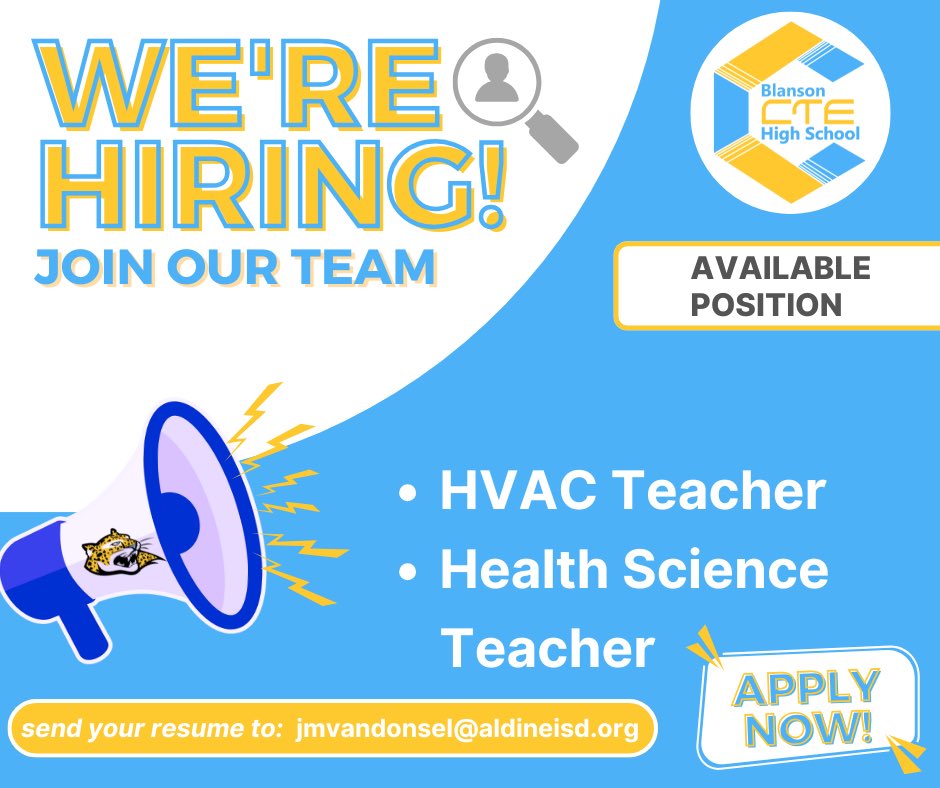 🌟 We’re hiring! Come be part of our amazing family where passion, care, and teamwork make the difference every day

 #BlansonBold #BlansonGold #BlansonReady #BlansonProud #QualityisHabit #AldineStory <a href="/AldineISD/">Aldine ISD</a> <a href="/AldineCTE/">Aldine CTE</a> <a href="/jmvandonsel/">Josh Van Donsel</a> <a href="/XMRaldine/">XMR</a> <a href="/BlansonCTE_LMC/">Blanson CTE LMC-Aldine</a>