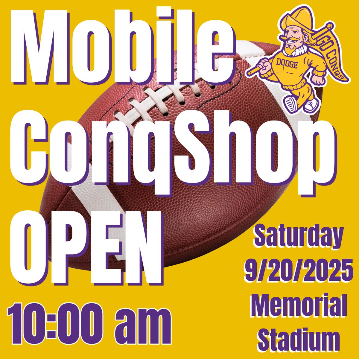 The ConqShop is on the move! Find us tomorrow, Saturday September 20th, at Memorial Stadium for the Conqs first home Football game! Hope to see you there!