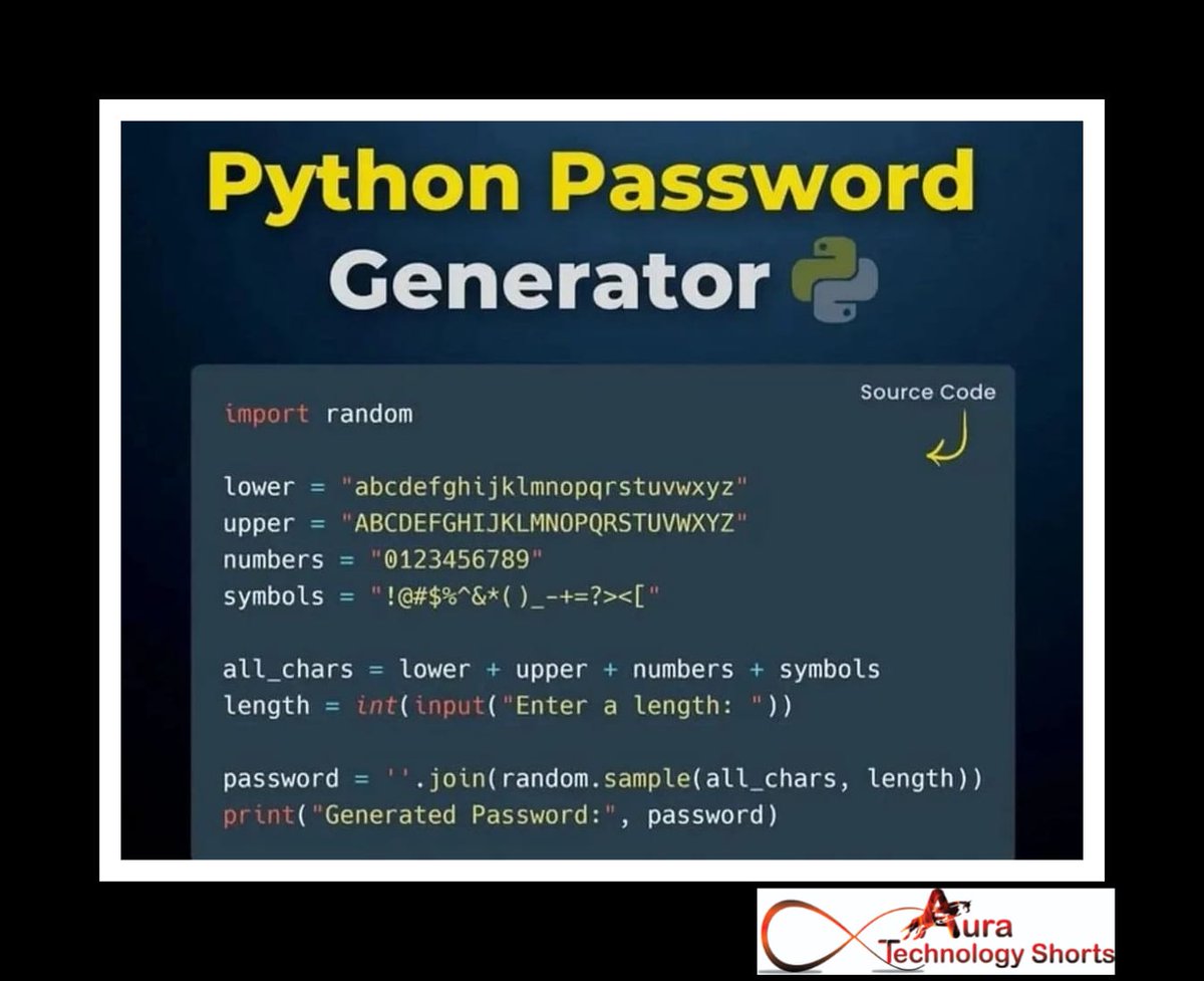 Auratechno72007's tweet image. Secure Password Generation with Python 
.....
#SecureYourPassword
#PythonForEveryone
#CodeTogether
#StaySafeOnline
#PasswordProtection
#TechTalk
#BuildWithPython
#DigitalSecurity
#CommunityCoding
#LearnPython
#PasswordTips
#SafeSurfing
#CodeNewbies
#SecureCoding
#EngageWithTech