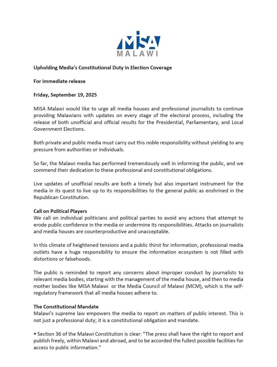 misamalawi's tweet photo. @misamalawi urges all media houses &amp; professional journalists to continue providing Malawians with updates on every stage of the electoral process, including the release of both unofficial and official results. without yielding to any pressure from authorities or individuals. https://t.co/DEsR14uy6E