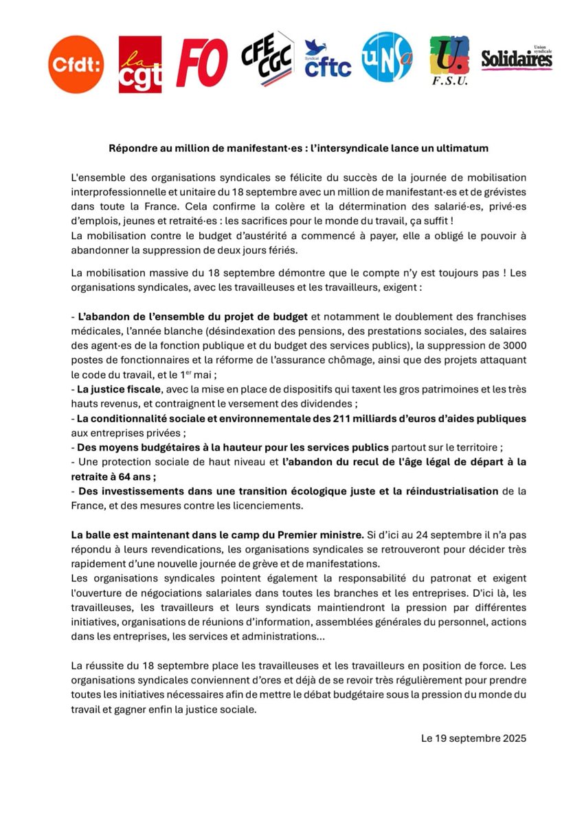 🚨 Ce n'est pas d'un ultimatum au gouvernement dont nous avons besoin, mais d'un calendrier de luttes qui construit la GRÈVE GÉNÉRALE ! 🦺📣

L'intersyndicale seule est mortifère pour notre #CGT. Il faut en tirer rapidement des conclusions...