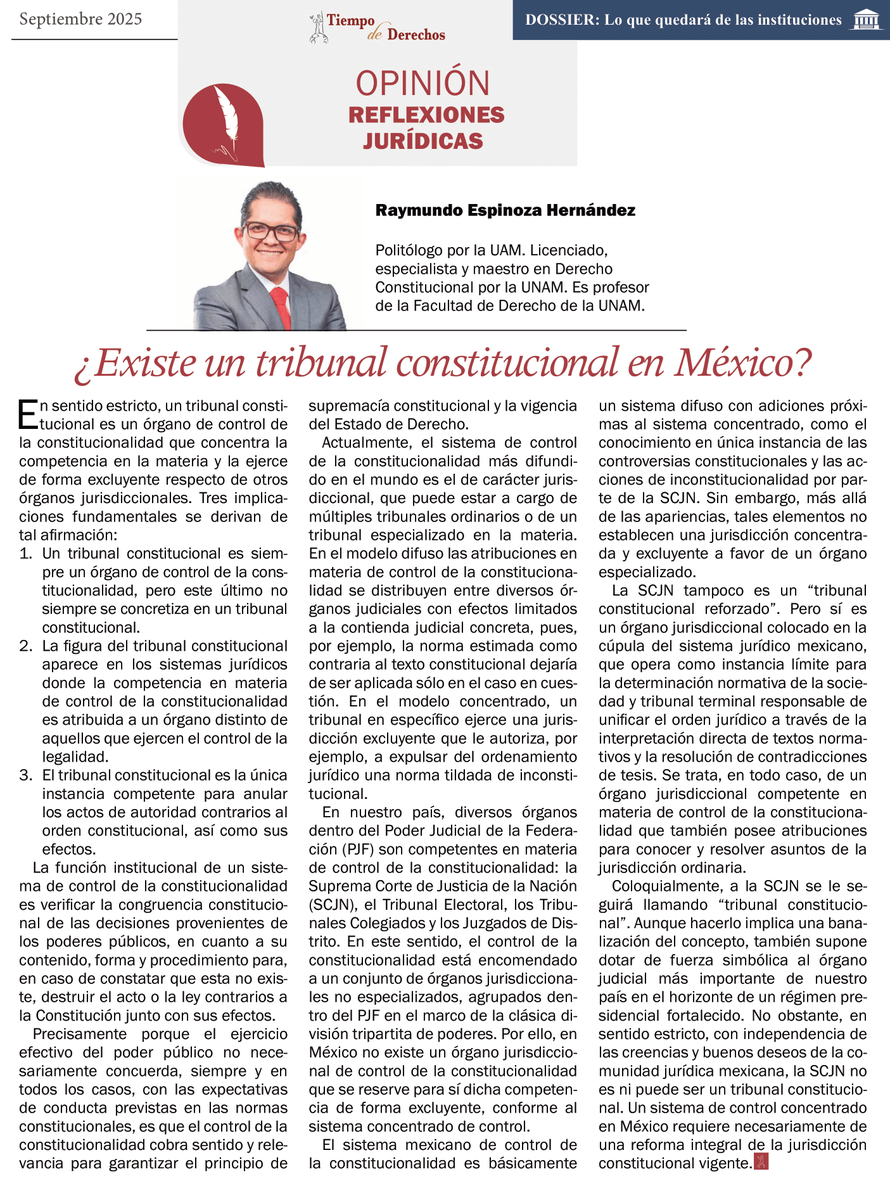 Raymundo_EH's tweet photo. ¿Es la #SCJN un verdadero tribunal constitucional?
En mi artículo publicado en Tiempo de  #Derechos sostengo que, en sentido estricto, #México carece de un órgano exclusivo de control de la constitucionalidad y que nuestro #sistema es esencialmente difuso con rasgos concentrados. https://t.co/L4LLj8FbQ4