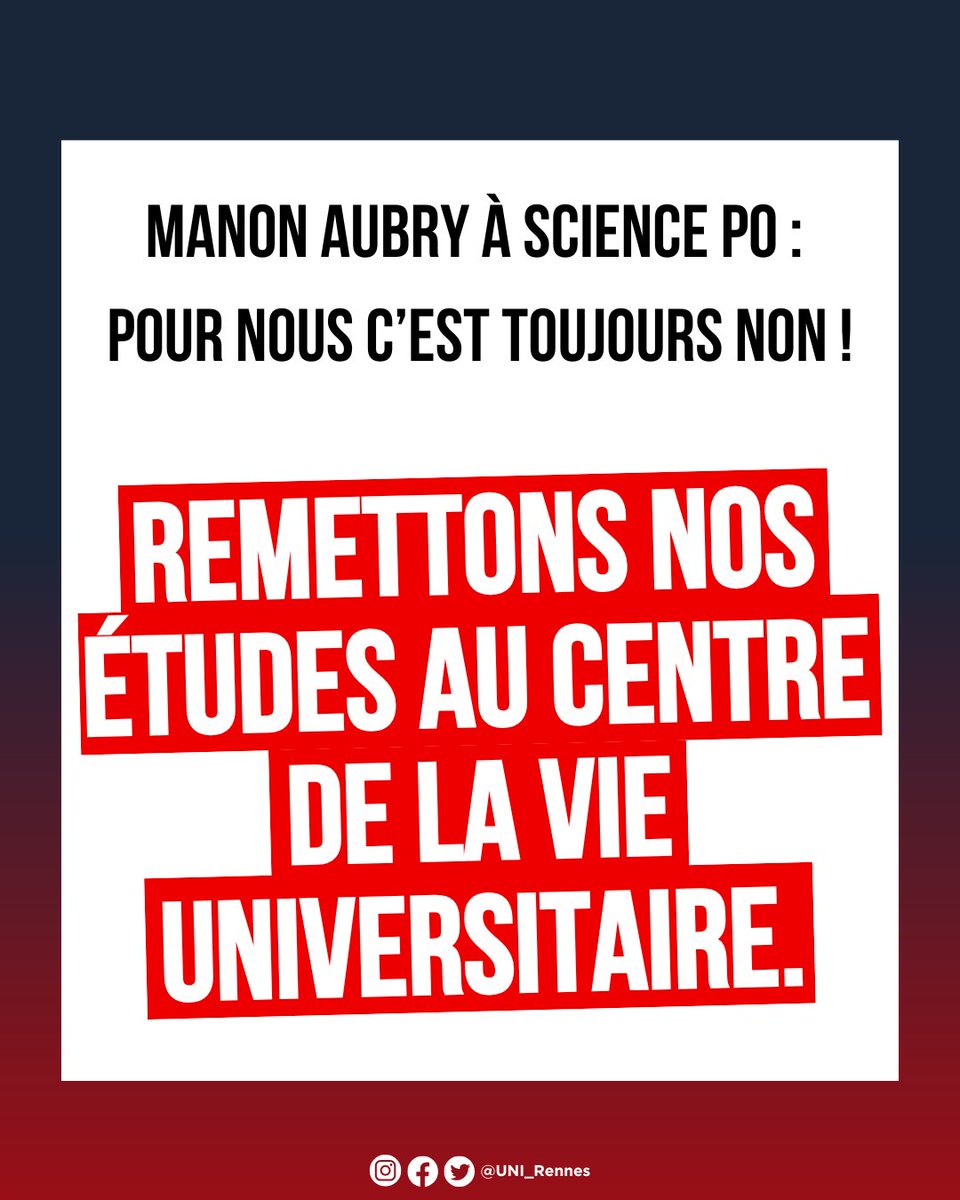 L'UNI s'oppose à la venue de Manon
AUBRY à Sciences Po Rennes.

Nos lieux d'études ne doivent pas devenir des théâtres partisans.

Remettons nos études au centre de la vie universitaire !