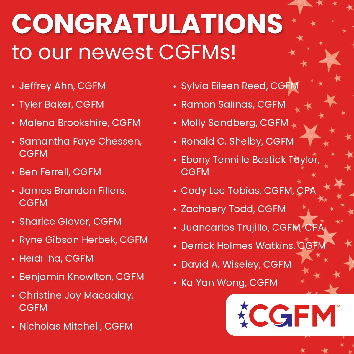 Join us in celebrating those who earned their CGFM certification last month — a commitment to excellence in government accountability!

Congratulations on this incredible achievement! 👏

Learn more about the CGFM certification: zurl.co/Qonuv